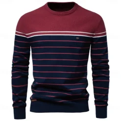 Men's Pullover Sweater Jumper Ribbed Knit Regular Tops Color Block Striped Crew Neck Knitwear Daily Outdoor Vacation Clothing Apparel Spring Fall Wine Navy Blue S M L
