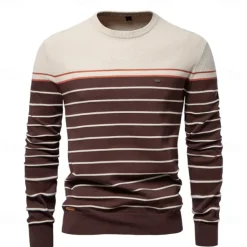 Men's Pullover Sweater Jumper Ribbed Knit Regular Tops Color Block Striped Crew Neck Knitwear Daily Outdoor Vacation Clothing Apparel Spring Fall Wine Navy Blue S M L