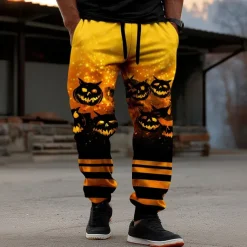 Men's Pumpkin Bat Halloween Costumes Sweatpants Joggers Trousers Mid Waist Drawstring Elastic Waist Casual Jogging Streetwear Workout Athletic Sweatpants with Pockets Spring Fall 3D Print Yellow