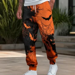 Men's Pumpkin Bat Halloween Costumes Sweatpants Joggers Trousers Mid Waist Drawstring Elastic Waist Casual Jogging Streetwear Workout Athletic Sweatpants with Pockets Spring Fall 3D Print Yellow