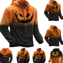 Men's Pumpkin Graphic Prints Hoodie Hoodies Waffle Hoodie Daily Classic Long Sleeve Hooded Halloween Holiday Going out Black Yellow Print Spring & Fall Designer
