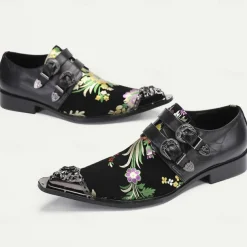 Men's Punk Style Floral Embroidered Buckle Monk Strap Dress Shoes with Metal Toe Cap - Premium Cowhide Leather, Ideal for Formal Events