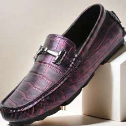 Men's Purple Crocodile Pattern Faux Leather Loafers - Slip-On Shoes with Metal Buckle Detail, Luxury Style for Formal Events and Casual Wear