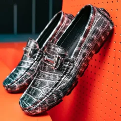 Men's Purple Crocodile Pattern Faux Leather Loafers - Slip-On Shoes with Metal Buckle Detail, Luxury Style for Formal Events and Casual Wear