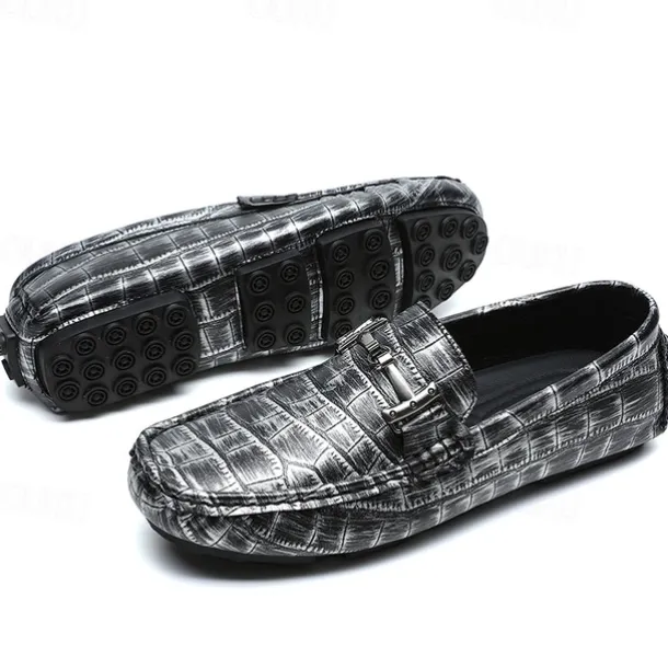 Men's Purple Crocodile Pattern Faux Leather Loafers - Slip-On Shoes with Metal Buckle Detail, Luxury Style for Formal Events and Casual Wear