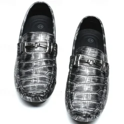 Men's Purple Crocodile Pattern Faux Leather Loafers - Slip-On Shoes with Metal Buckle Detail, Luxury Style for Formal Events and Casual Wear