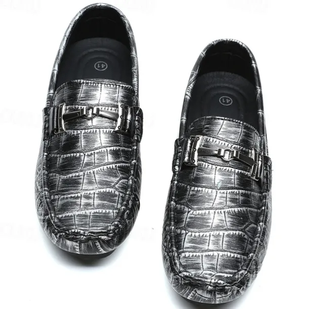 Men's Purple Crocodile Pattern Faux Leather Loafers - Slip-On Shoes with Metal Buckle Detail, Luxury Style for Formal Events and Casual Wear