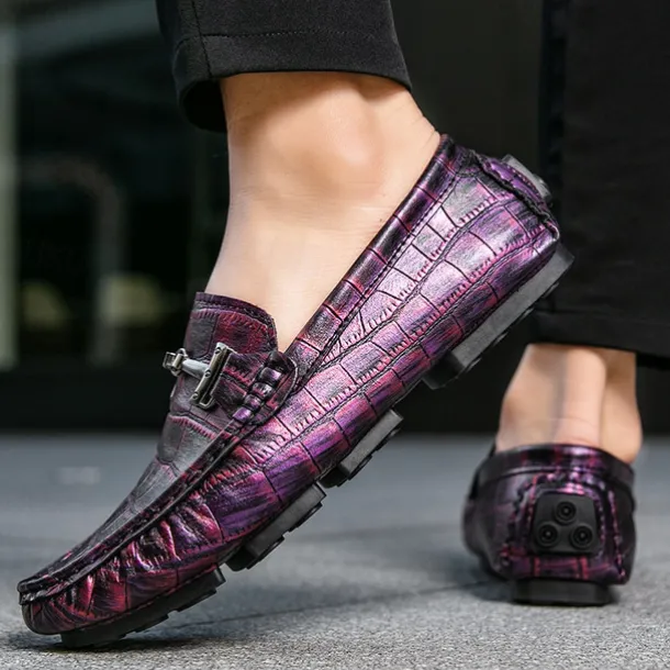 Men's Purple Crocodile Pattern Faux Leather Loafers - Slip-On Shoes with Metal Buckle Detail, Luxury Style for Formal Events and Casual Wear