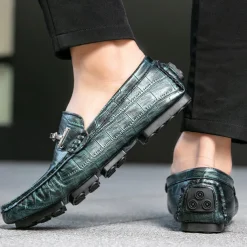 Men's Purple Crocodile Pattern Faux Leather Loafers - Slip-On Shoes with Metal Buckle Detail, Luxury Style for Formal Events and Casual Wear