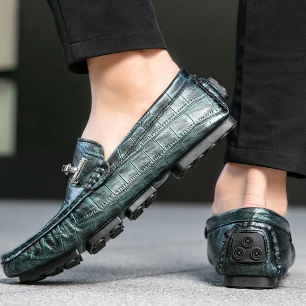 Men's Purple Crocodile Pattern Faux Leather Loafers - Slip-On Shoes with Metal Buckle Detail, Luxury Style for Formal Events and Casual Wear