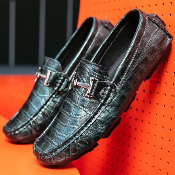 Men's Purple Crocodile Pattern Faux Leather Loafers - Slip-On Shoes with Metal Buckle Detail, Luxury Style for Formal Events and Casual Wear