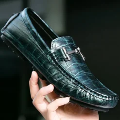 Men's Purple Crocodile Pattern Faux Leather Loafers - Slip-On Shoes with Metal Buckle Detail, Luxury Style for Formal Events and Casual Wear