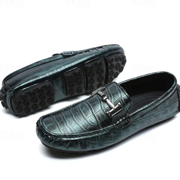 Men's Purple Crocodile Pattern Faux Leather Loafers - Slip-On Shoes with Metal Buckle Detail, Luxury Style for Formal Events and Casual Wear