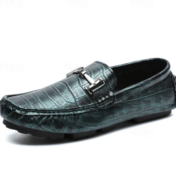 Men's Purple Crocodile Pattern Faux Leather Loafers - Slip-On Shoes with Metal Buckle Detail, Luxury Style for Formal Events and Casual Wear
