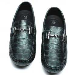 Men's Purple Crocodile Pattern Faux Leather Loafers - Slip-On Shoes with Metal Buckle Detail, Luxury Style for Formal Events and Casual Wear