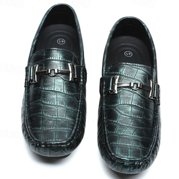 Men's Purple Crocodile Pattern Faux Leather Loafers - Slip-On Shoes with Metal Buckle Detail, Luxury Style for Formal Events and Casual Wear