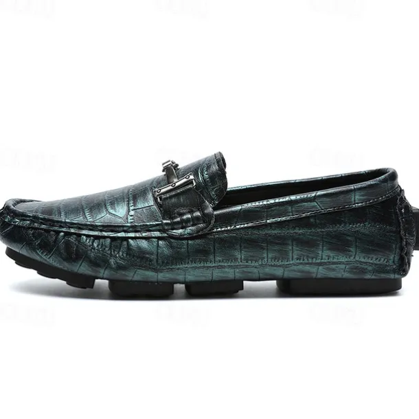 Men's Purple Crocodile Pattern Faux Leather Loafers - Slip-On Shoes with Metal Buckle Detail, Luxury Style for Formal Events and Casual Wear