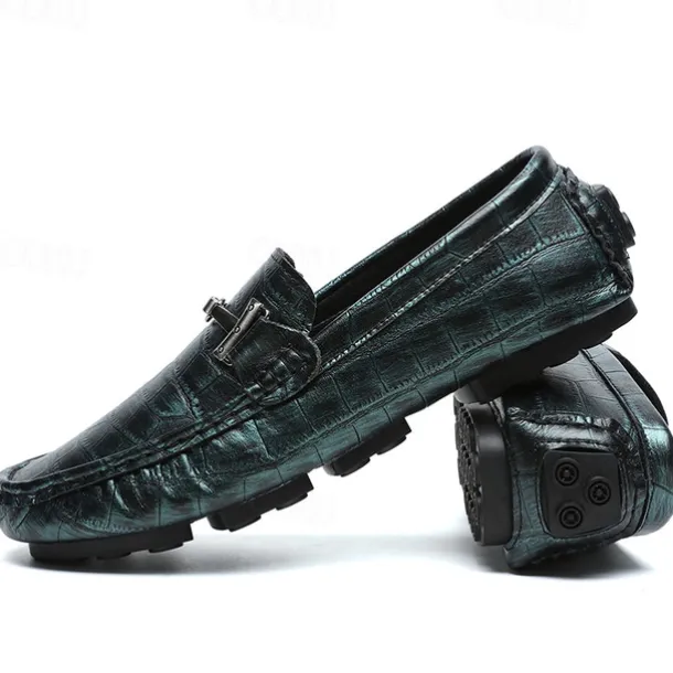 Men's Purple Crocodile Pattern Faux Leather Loafers - Slip-On Shoes with Metal Buckle Detail, Luxury Style for Formal Events and Casual Wear