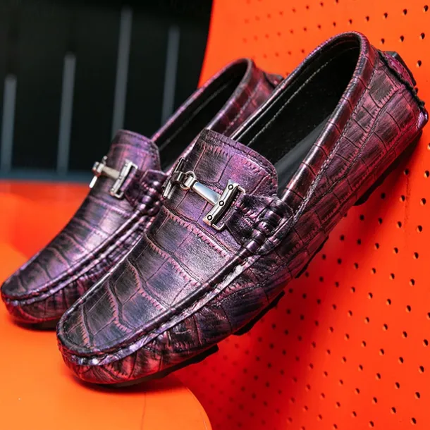 Men's Purple Crocodile Pattern Faux Leather Loafers - Slip-On Shoes with Metal Buckle Detail, Luxury Style for Formal Events and Casual Wear
