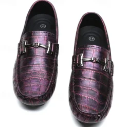 Men's Purple Crocodile Pattern Faux Leather Loafers - Slip-On Shoes with Metal Buckle Detail, Luxury Style for Formal Events and Casual Wear