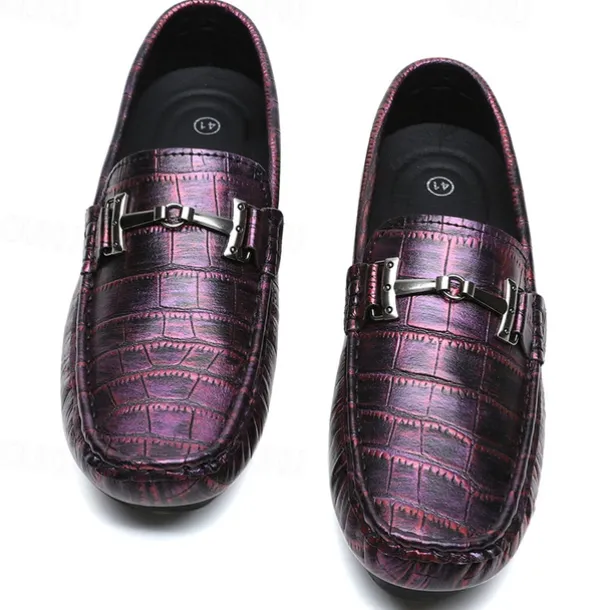 Men's Purple Crocodile Pattern Faux Leather Loafers - Slip-On Shoes with Metal Buckle Detail, Luxury Style for Formal Events and Casual Wear