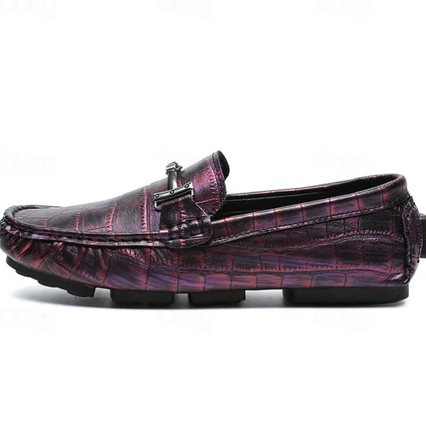 Men's Purple Crocodile Pattern Faux Leather Loafers - Slip-On Shoes with Metal Buckle Detail, Luxury Style for Formal Events and Casual Wear