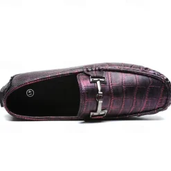 Men's Purple Crocodile Pattern Faux Leather Loafers - Slip-On Shoes with Metal Buckle Detail, Luxury Style for Formal Events and Casual Wear