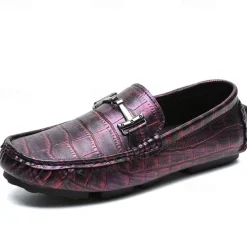 Men's Purple Crocodile Pattern Faux Leather Loafers - Slip-On Shoes with Metal Buckle Detail, Luxury Style for Formal Events and Casual Wear