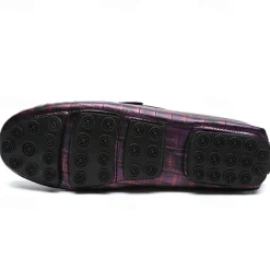 Men's Purple Crocodile Pattern Faux Leather Loafers - Slip-On Shoes with Metal Buckle Detail, Luxury Style for Formal Events and Casual Wear