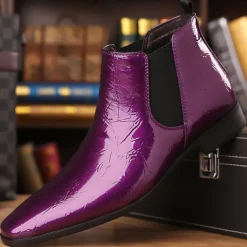 Men's Purple Patent Faux Leather Chelsea Boots with Elastic Goring – Stylish Casual and Formal Footwear