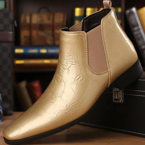 Men's Purple Patent Faux Leather Chelsea Boots with Elastic Goring – Stylish Casual and Formal Footwear