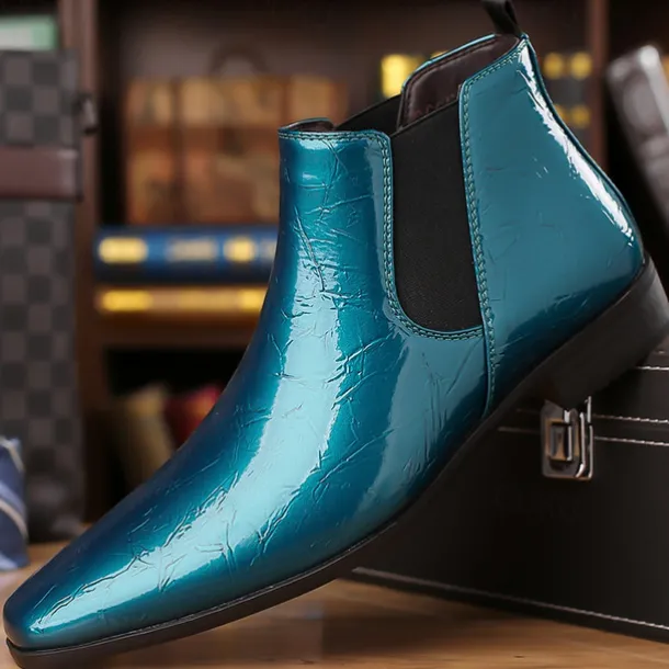 Men's Purple Patent Faux Leather Chelsea Boots with Elastic Goring – Stylish Casual and Formal Footwear