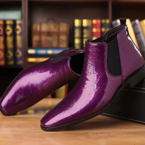 Men's Purple Patent Faux Leather Chelsea Boots with Elastic Goring – Stylish Casual and Formal Footwear
