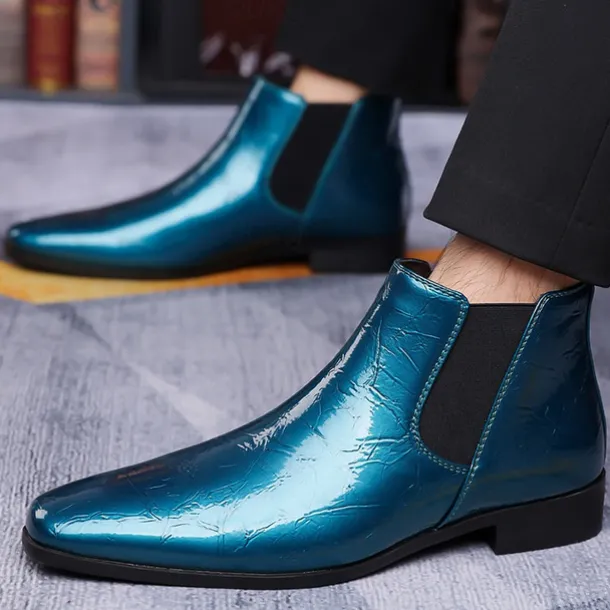 Men's Purple Patent Faux Leather Chelsea Boots with Elastic Goring – Stylish Casual and Formal Footwear