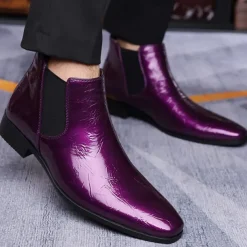 Men's Purple Patent Faux Leather Chelsea Boots with Elastic Goring – Stylish Casual and Formal Footwear