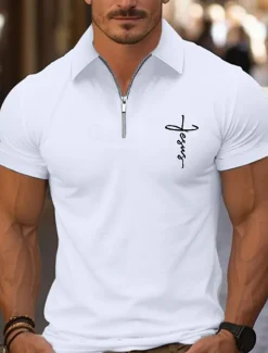 Men's Quarter Zip Polo Golf Shirt Daily Holiday Lapel Short Sleeve Fashion Basic Cross Print Summer Spring Regular Fit Black White Pink Navy Blue Light Sky Blue Quarter Zip Polo