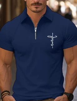 Men's Quarter Zip Polo Golf Shirt Daily Holiday Lapel Short Sleeve Fashion Basic Cross Print Summer Spring Regular Fit Black White Pink Navy Blue Light Sky Blue Quarter Zip Polo