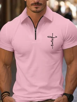 Men's Quarter Zip Polo Golf Shirt Daily Holiday Lapel Short Sleeve Fashion Basic Cross Print Summer Spring Regular Fit Black White Pink Navy Blue Light Sky Blue Quarter Zip Polo