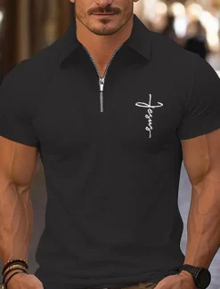 Men's Quarter Zip Polo Golf Shirt Daily Holiday Lapel Short Sleeve Fashion Basic Cross Print Summer Spring Regular Fit Black White Pink Navy Blue Light Sky Blue Quarter Zip Polo