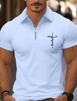 Men's Quarter Zip Polo Golf Shirt Daily Holiday Lapel Short Sleeve Fashion Basic Cross Print Summer Spring Regular Fit Black White Pink Navy Blue Light Sky Blue Quarter Zip Polo