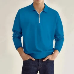 Men's Quarter Zip Polo Golf Shirt Daily Holiday Lapel Long Sleeve Fashion Modern Plain Spring & Fall Regular Fit Black White Pink Wine Navy Blue Royal Blue Quarter Zip Polo