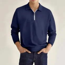 Men's Quarter Zip Polo Golf Shirt Daily Holiday Lapel Long Sleeve Fashion Modern Plain Spring & Fall Regular Fit Black White Pink Wine Navy Blue Royal Blue Quarter Zip Polo