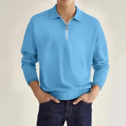 Men's Quarter Zip Polo Golf Shirt Daily Holiday Lapel Long Sleeve Fashion Modern Plain Spring & Fall Regular Fit Black White Pink Wine Navy Blue Royal Blue Quarter Zip Polo