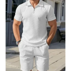 Men's Quarter Zip Polo Golf Shirt Daily Holiday Lapel Short Sleeve Fashion Basic Plain 2 Piece Jacquard Summer Regular Fit Black White Sky Blue Khaki Light Grey Quarter Zip Polo