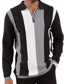 Men's Quarter Zip Polo Golf Shirt Daily Holiday Quarter Zip Long Sleeve Fashion Modern Color Block Spring & Fall Regular Fit White Sky Blue Orange Brown Khaki Gray Quarter Zip Polo