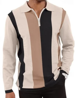Men's Quarter Zip Polo Golf Shirt Daily Holiday Quarter Zip Long Sleeve Fashion Modern Color Block Spring & Fall Regular Fit White Sky Blue Orange Brown Khaki Gray Quarter Zip Polo