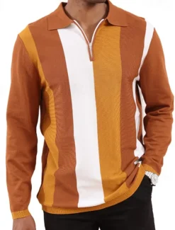 Men's Quarter Zip Polo Golf Shirt Daily Holiday Quarter Zip Long Sleeve Fashion Modern Color Block Spring & Fall Regular Fit White Sky Blue Orange Brown Khaki Gray Quarter Zip Polo