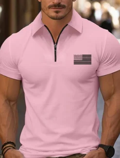 Men's Quarter Zip Polo Golf Shirt Daily Holiday Lapel Short Sleeve Fashion Basic National Flag Print Summer Spring Regular Fit Black White Pink Navy Blue Light Sky Blue Quarter Zip Polo