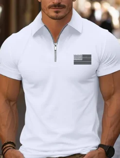 Men's Quarter Zip Polo Golf Shirt Daily Holiday Lapel Short Sleeve Fashion Basic National Flag Print Summer Spring Regular Fit Black White Pink Navy Blue Light Sky Blue Quarter Zip Polo
