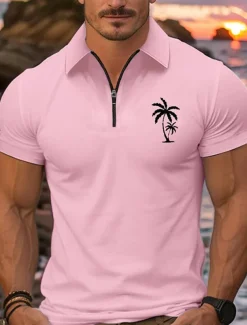 Men's Quarter Zip Polo Golf Shirt Daily Holiday Lapel Short Sleeve Fashion Basic Coconut Tree Print Summer Spring Regular Fit Black White Pink Navy Blue Light Sky Blue Quarter Zip Polo